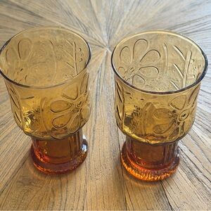Vintage Libbey Amber Country Garden Daisy 6” Large Drinking Glass Goblets 10oz
